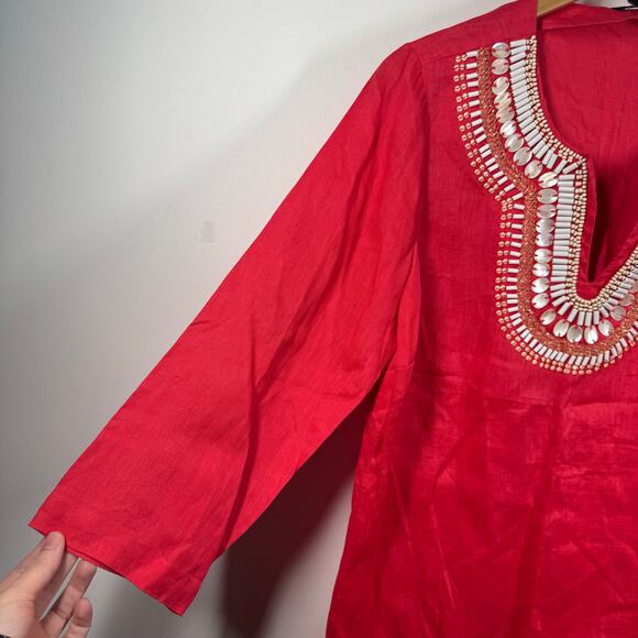 Talbots Top Women M Red Linen Shell Beaded Neck Detail Tunic Beach Spring Coast - Picture 4 of 9